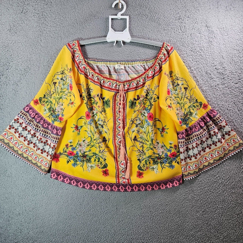 Umgee Off-Shoulder Boho Cropped Top Women Medium Colorful Geometric‎ Bell Sleeve